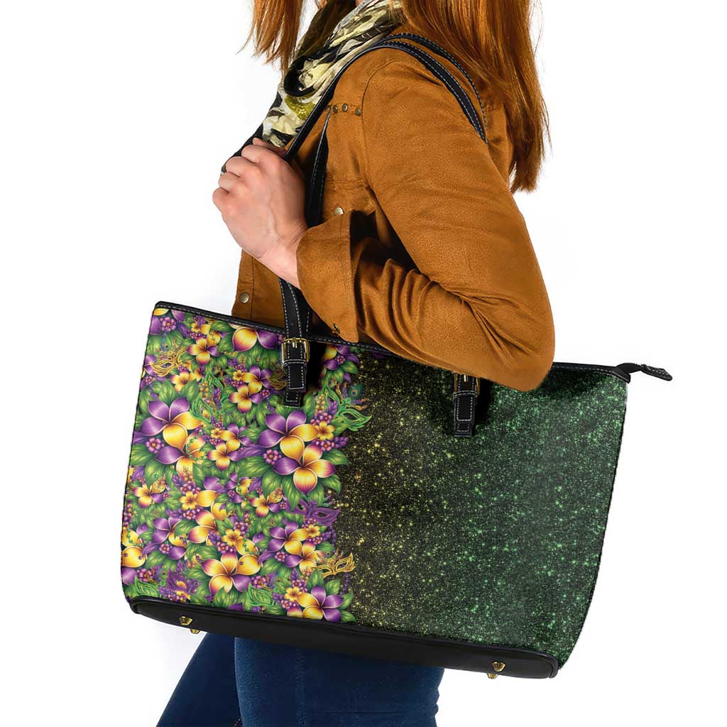 Hawaii Mardi Gras Leather Tote Bag Tropical Flowers Glitter Style LT05 Black - Polynesian Pride
