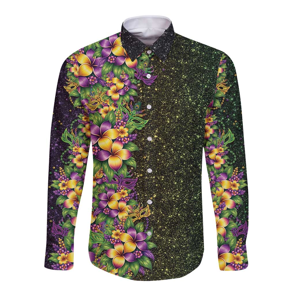 Hawaii Mardi Gras Long Sleeve Button Shirt Tropical Flowers Glitter Style LT05 Unisex Black - Polynesian Pride