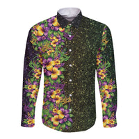 Hawaii Mardi Gras Long Sleeve Button Shirt Tropical Flowers Glitter Style LT05 Unisex Black - Polynesian Pride