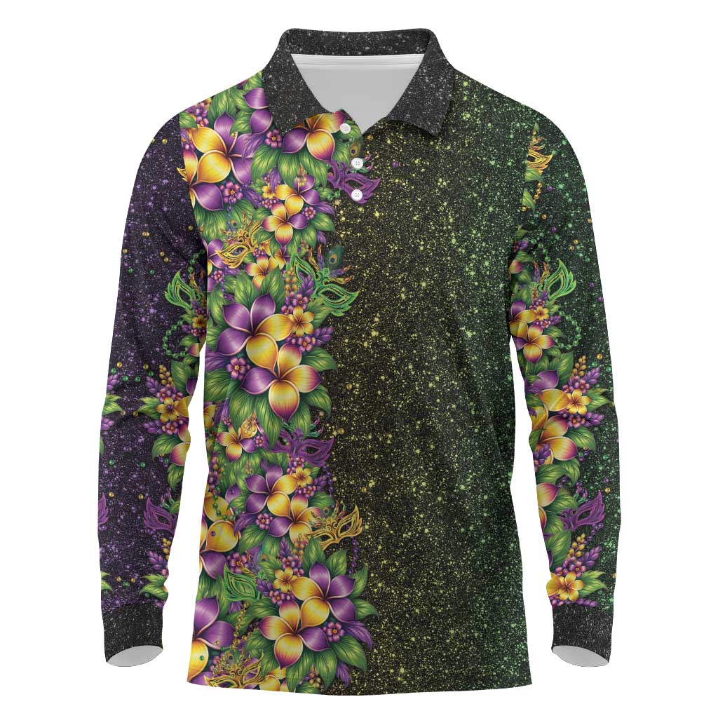 Hawaii Mardi Gras Long Sleeve Polo Shirt Tropical Flowers Glitter Style LT05 Black - Polynesian Pride