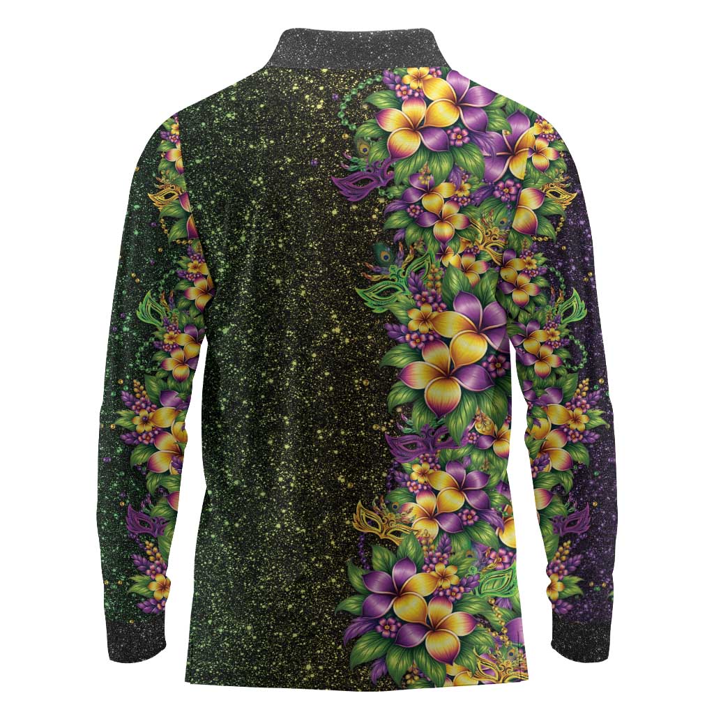 Hawaii Mardi Gras Long Sleeve Polo Shirt Tropical Flowers Glitter Style LT05 - Polynesian Pride