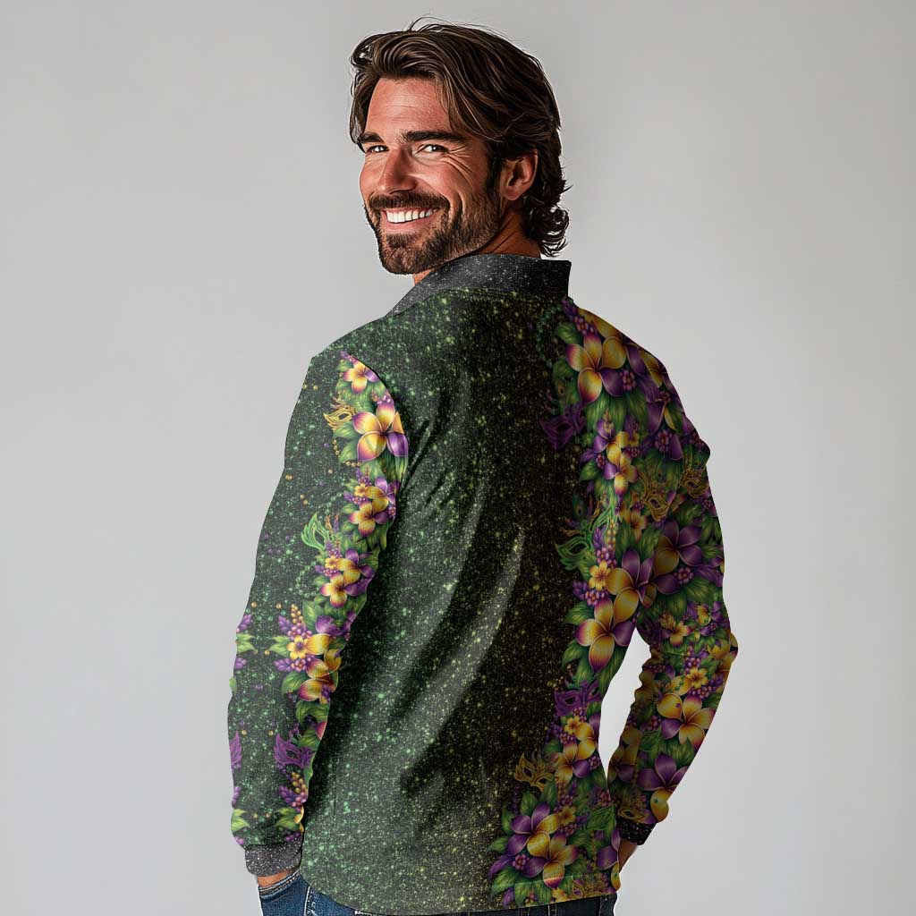 Hawaii Mardi Gras Long Sleeve Polo Shirt Tropical Flowers Glitter Style LT05 - Polynesian Pride