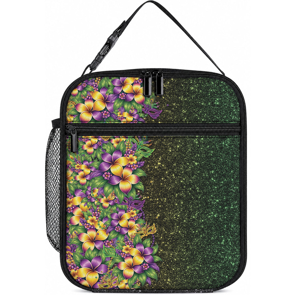 Hawaii Mardi Gras Lunch Bag Tropical Flowers Glitter Style LT05 10.2 × 8.3 × 4.3 inch Black - Polynesian Pride