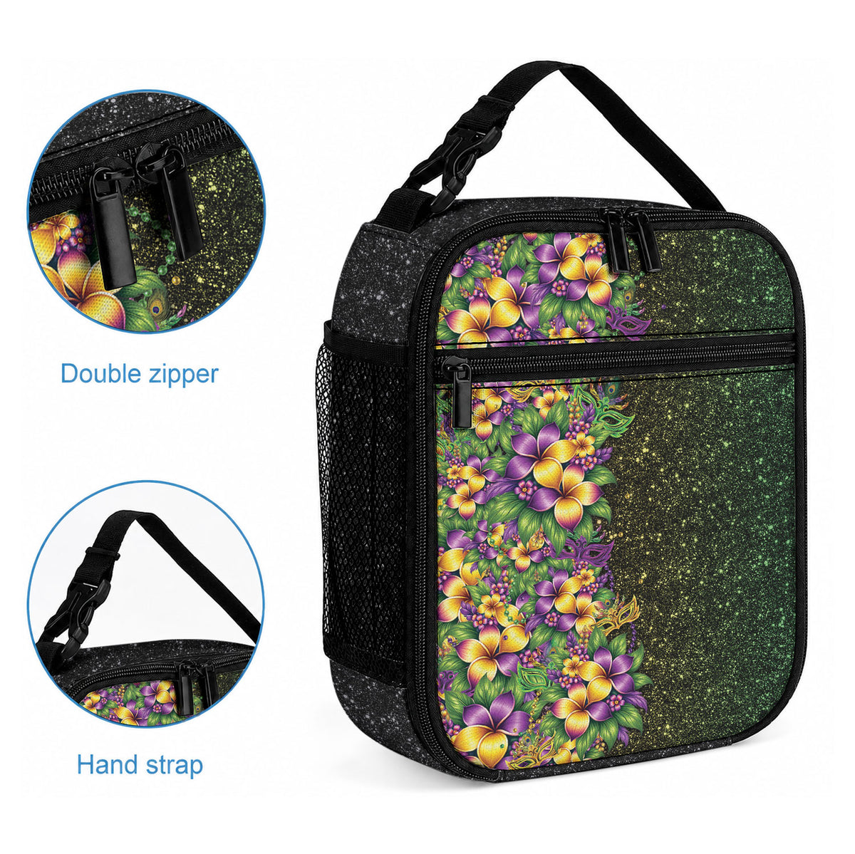 Hawaii Mardi Gras Lunch Bag Tropical Flowers Glitter Style LT05 - Polynesian Pride