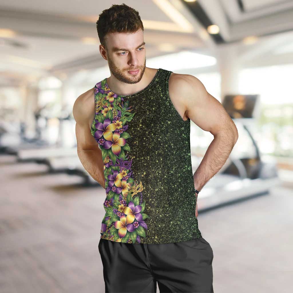 Hawaii Mardi Gras Men Tank Top Tropical Flowers Glitter Style LT05 Black - Polynesian Pride