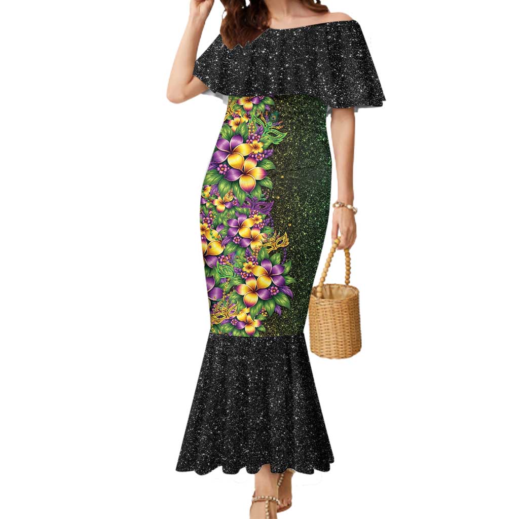 Hawaii Mardi Gras Mermaid Dress Tropical Flowers Glitter Style LT05 Women Black - Polynesian Pride