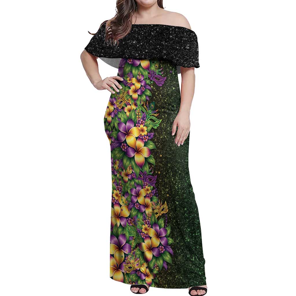 Hawaii Mardi Gras Off Shoulder Maxi Dress Tropical Flowers Glitter Style LT05 Women Black - Polynesian Pride