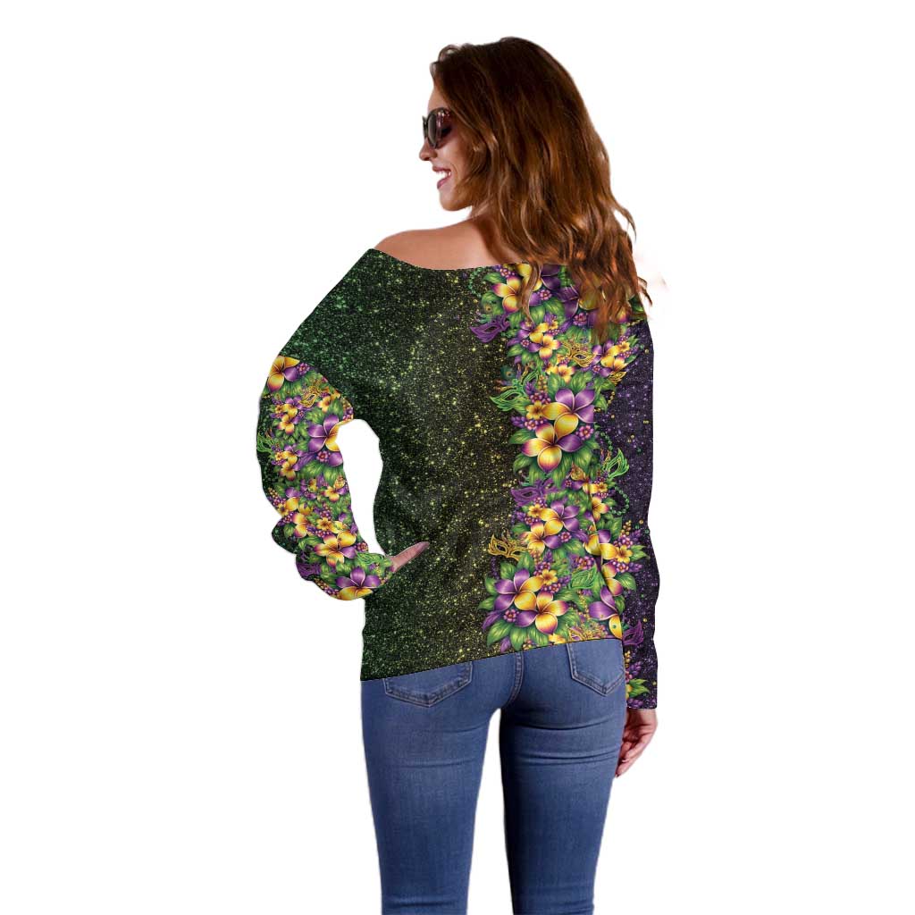 Hawaii Mardi Gras Off Shoulder Sweater Tropical Flowers Glitter Style