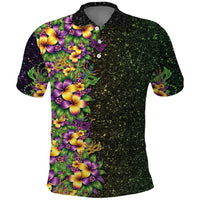Hawaii Mardi Gras Polo Shirt Tropical Flowers Glitter Style LT05 Black - Polynesian Pride