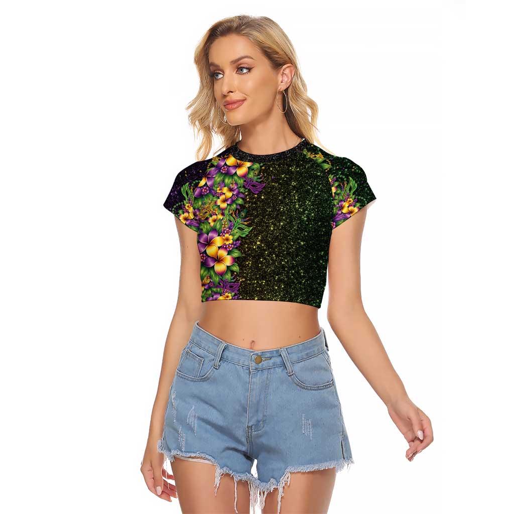 Hawaii Mardi Gras Raglan Cropped T Shirt Tropical Flowers Glitter Style LT05 Female Black - Polynesian Pride