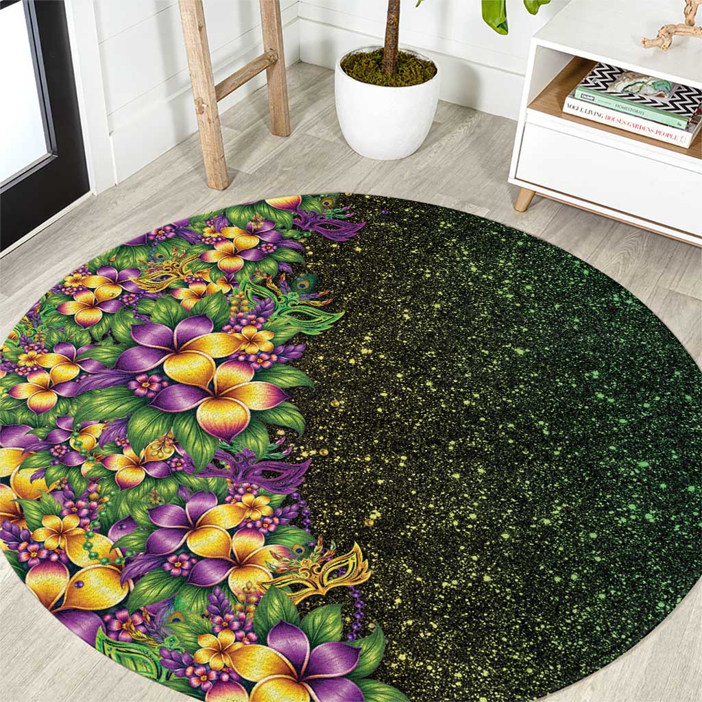 Hawaii Mardi Gras Round Carpet Tropical Flowers Glitter Style LT05 Black - Polynesian Pride