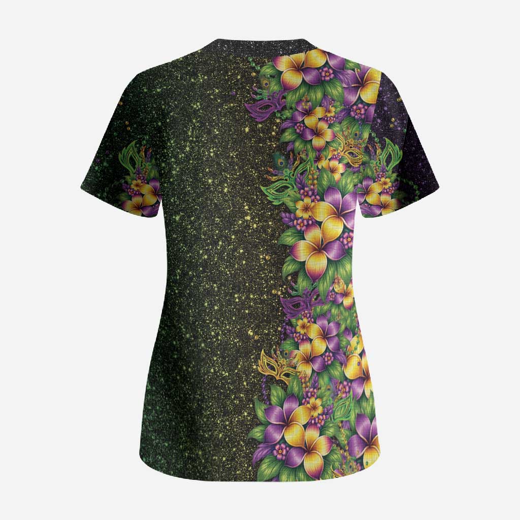 Hawaii Mardi Gras Scrub Top Tropical Flowers Glitter Style LT05 - Polynesian Pride
