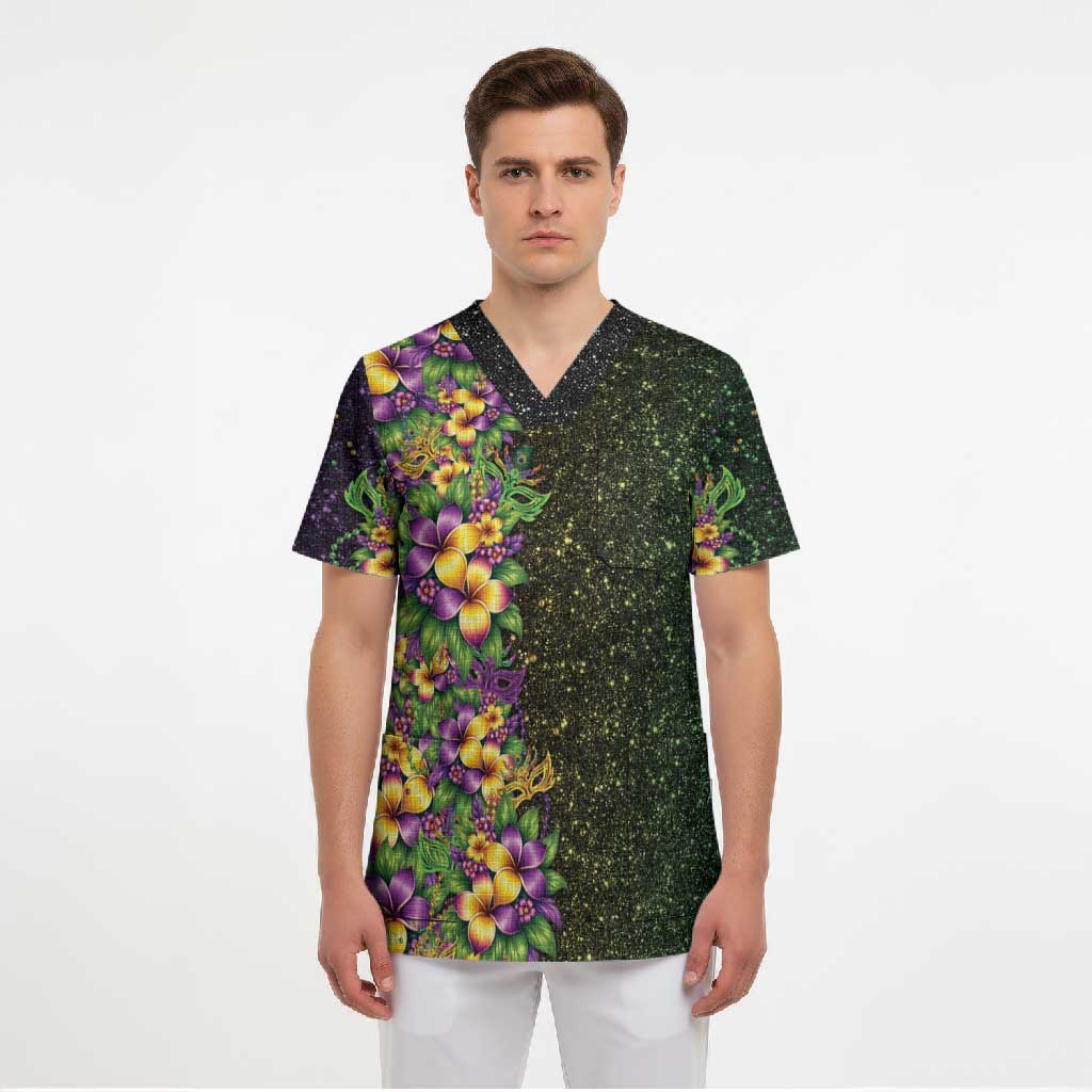 Hawaii Mardi Gras Scrub Top Tropical Flowers Glitter Style LT05 - Polynesian Pride