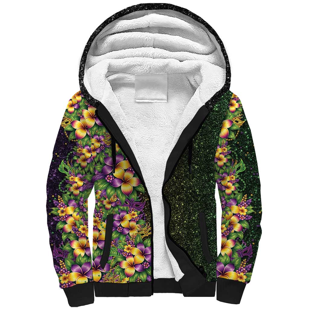 Hawaii Mardi Gras Sherpa Hoodie Tropical Flowers Glitter Style LT05 Unisex Black - Polynesian Pride
