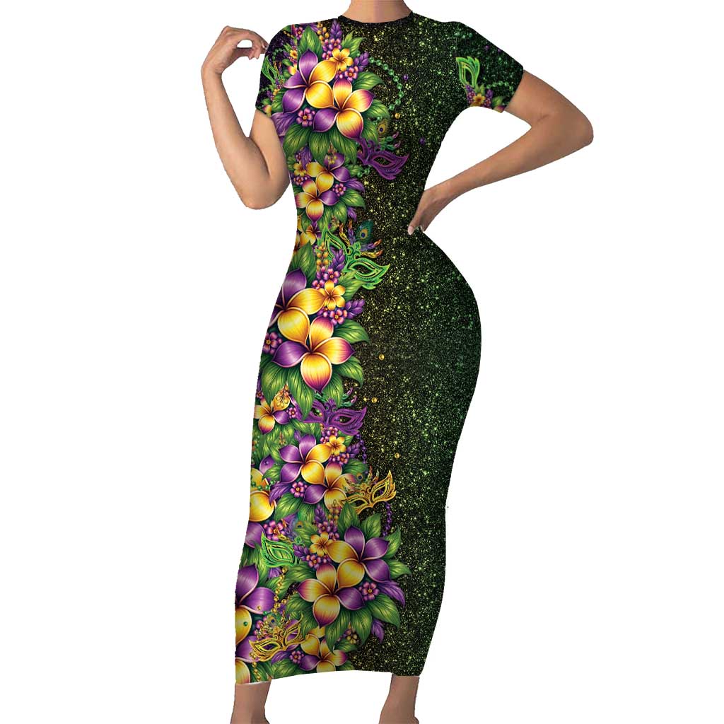 Hawaii Mardi Gras Short Sleeve Bodycon Dress Tropical Flowers Glitter Style LT05 Long Dress Black - Polynesian Pride