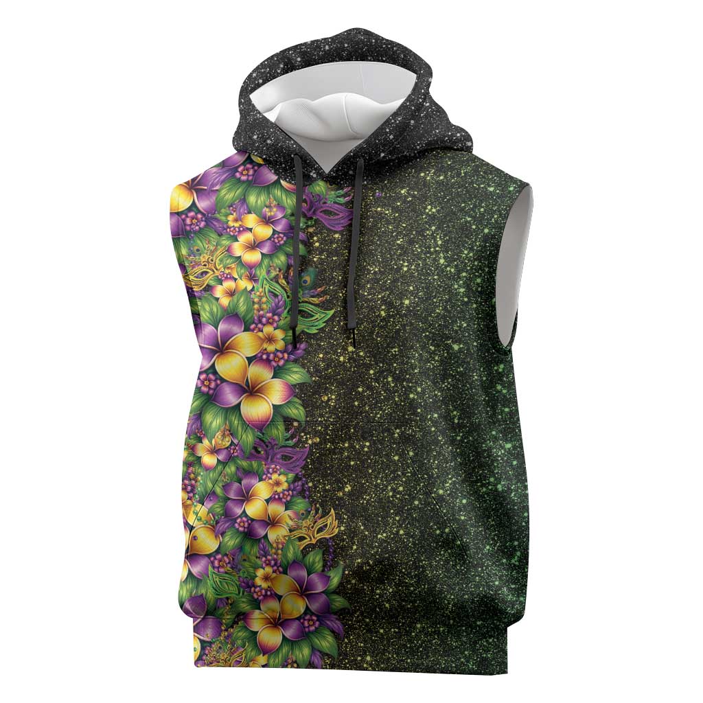 Hawaii Mardi Gras Sleeveless Hoodie Tropical Flowers Glitter Style LT05 Black - Polynesian Pride