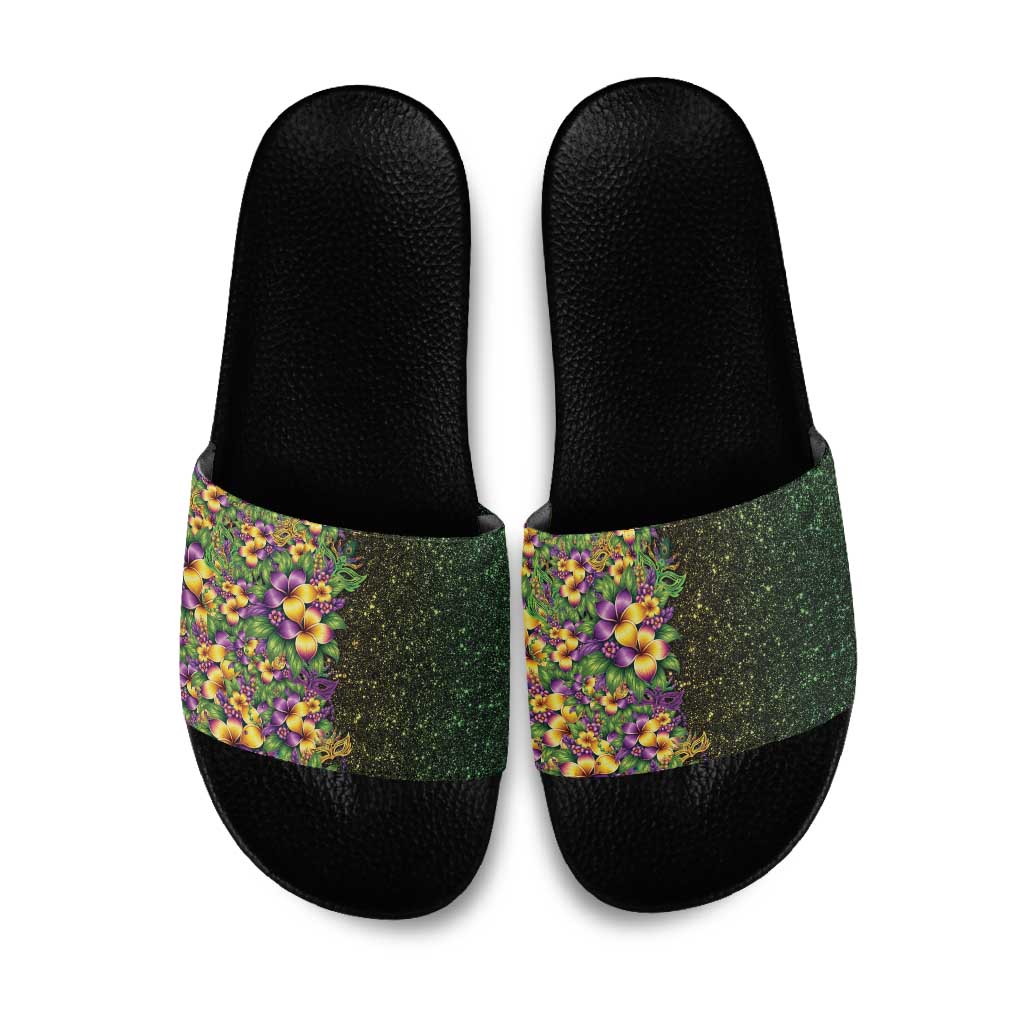 Hawaii Mardi Gras Slide Sandals Tropical Flowers Glitter Style LT05 Black - Polynesian Pride