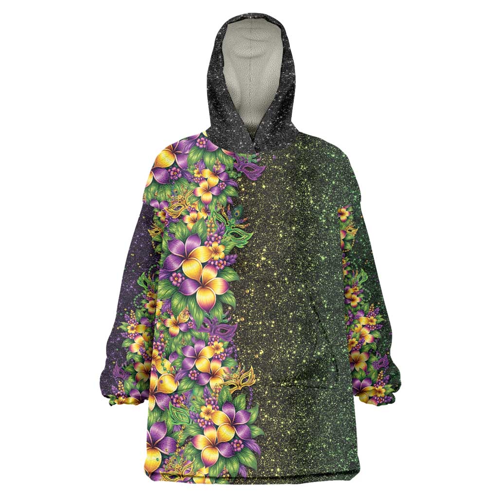 Hawaii Mardi Gras Wearable Blanket Hoodie Tropical Flowers Glitter Style LT05 One Size Black - Polynesian Pride