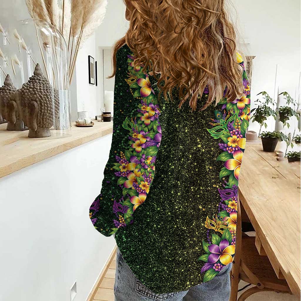 Hawaii Mardi Gras Women Casual Shirt Tropical Flowers Glitter Style LT05 - Polynesian Pride