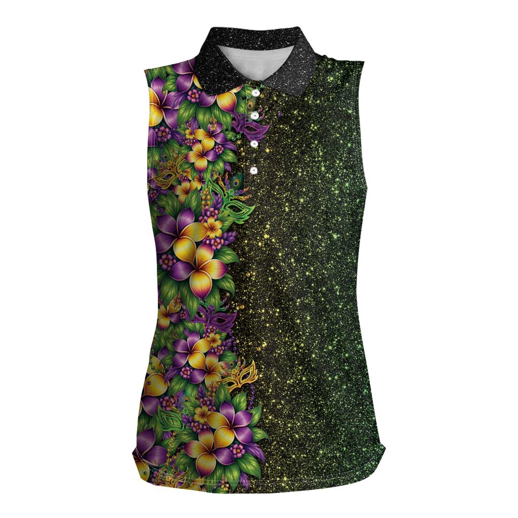 Hawaii Mardi Gras Women Sleeveless Polo Shirt Tropical Flowers Glitter Style LT05 Female Black - Polynesian Pride