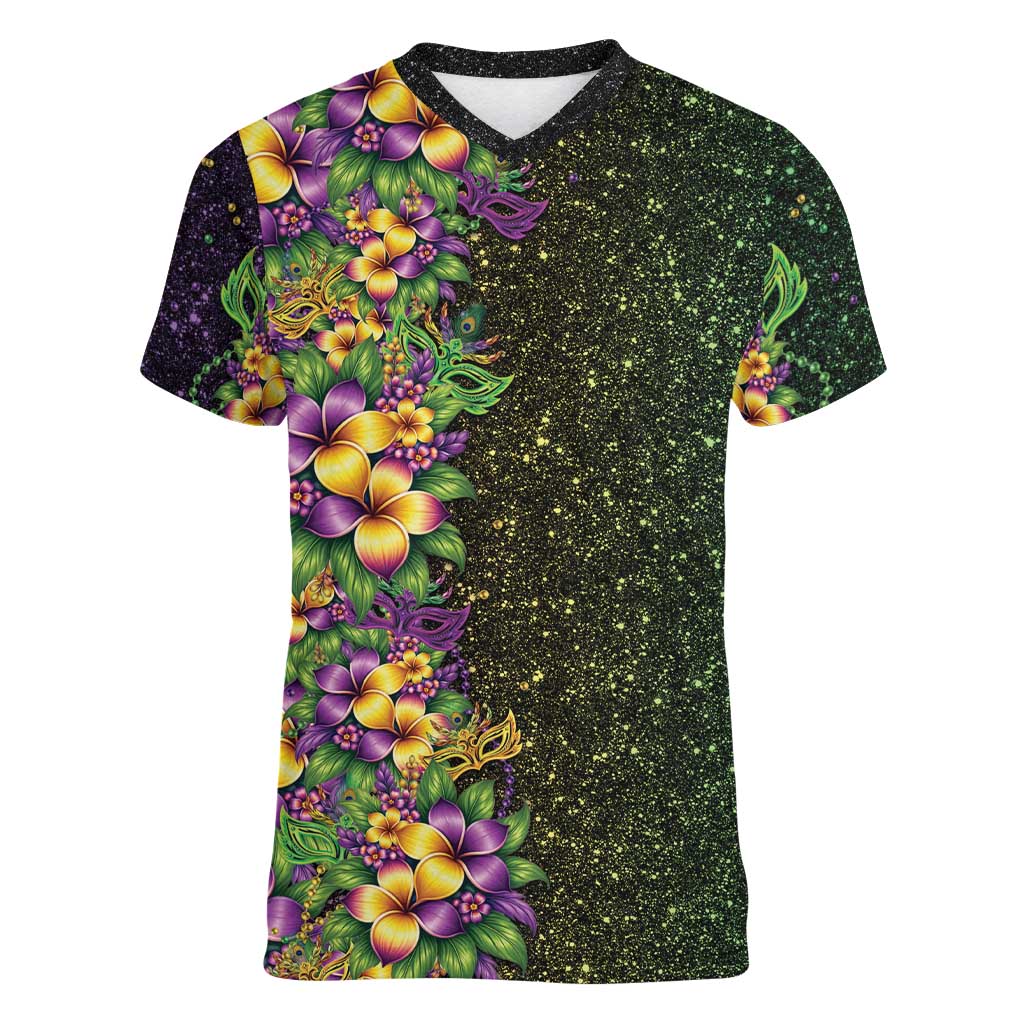 Hawaii Mardi Gras Women V-Neck T-Shirt Tropical Flowers Glitter Style LT05 Female Black - Polynesian Pride