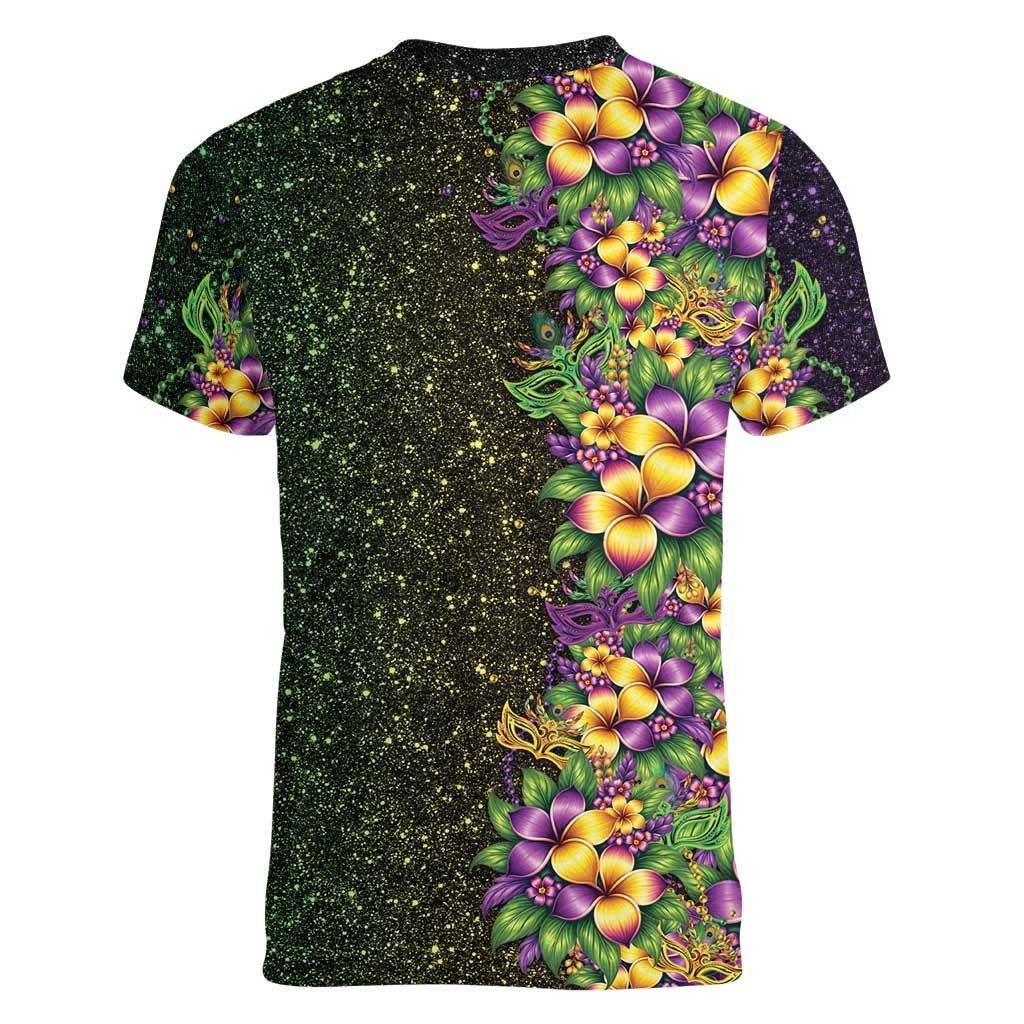 Hawaii Mardi Gras Women V-Neck T-Shirt Tropical Flowers Glitter Style LT05 - Polynesian Pride