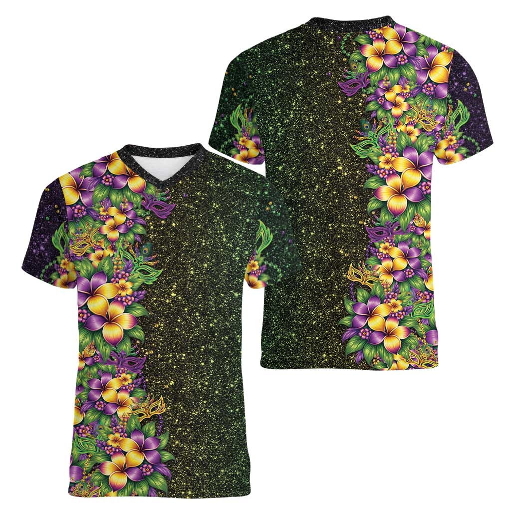 Hawaii Mardi Gras Women V-Neck T-Shirt Tropical Flowers Glitter Style LT05 - Polynesian Pride