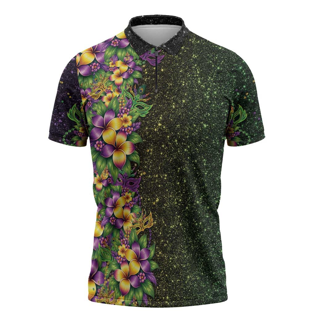 Hawaii Mardi Gras Zipper Polo Shirt Tropical Flowers Glitter Style LT05 Black - Polynesian Pride