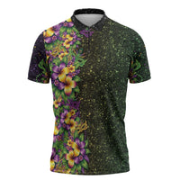 Hawaii Mardi Gras Zipper Polo Shirt Tropical Flowers Glitter Style LT05 Black - Polynesian Pride