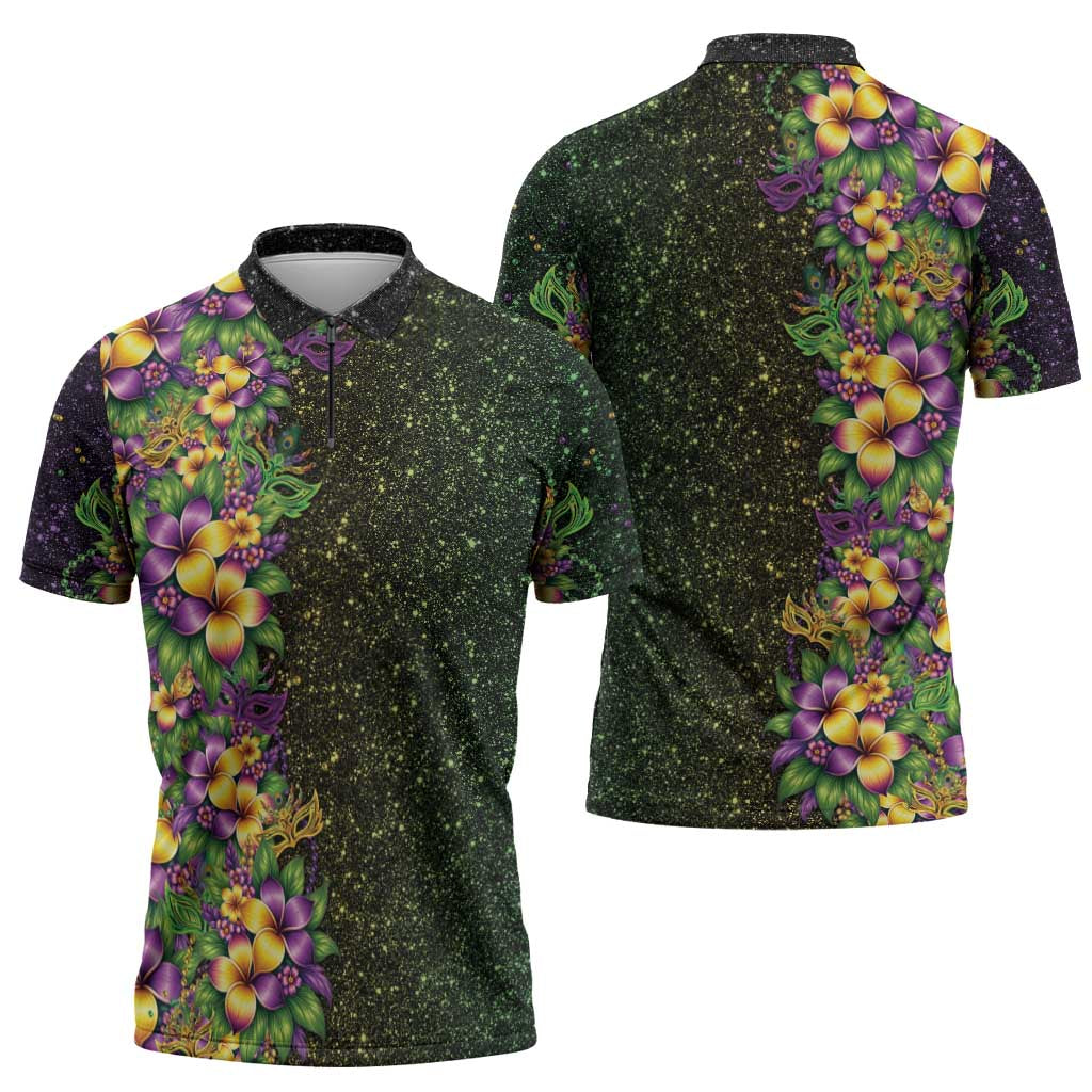 Hawaii Mardi Gras Zipper Polo Shirt Tropical Flowers Glitter Style LT05 - Polynesian Pride