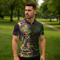 Hawaii Mardi Gras Zipper Polo Shirt Tropical Flowers Glitter Style LT05 - Polynesian Pride