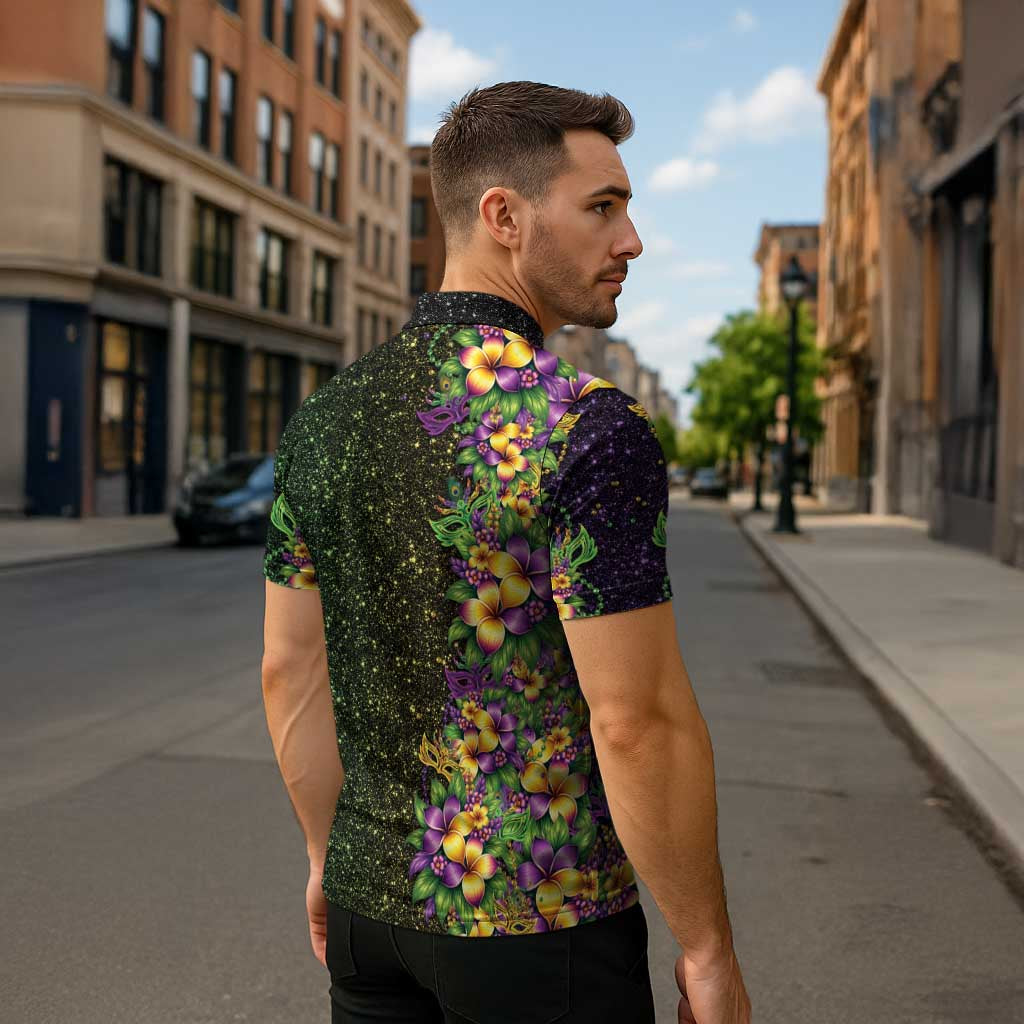 Hawaii Mardi Gras Zipper Polo Shirt Tropical Flowers Glitter Style LT05 - Polynesian Pride