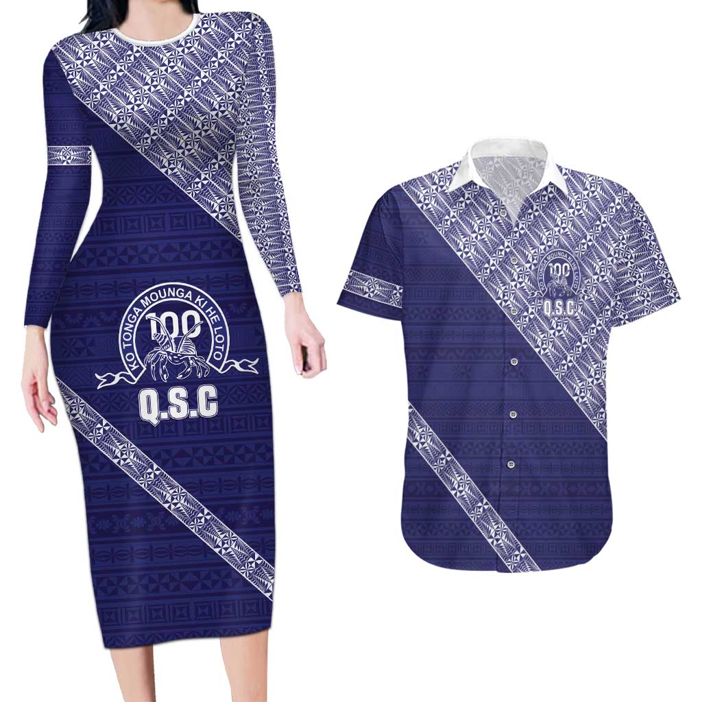 Tonga Queen Salote College Couples Matching Long Sleeve Bodycon Dress and Hawaiian Shirt 100 Years Anniversary Navy Color