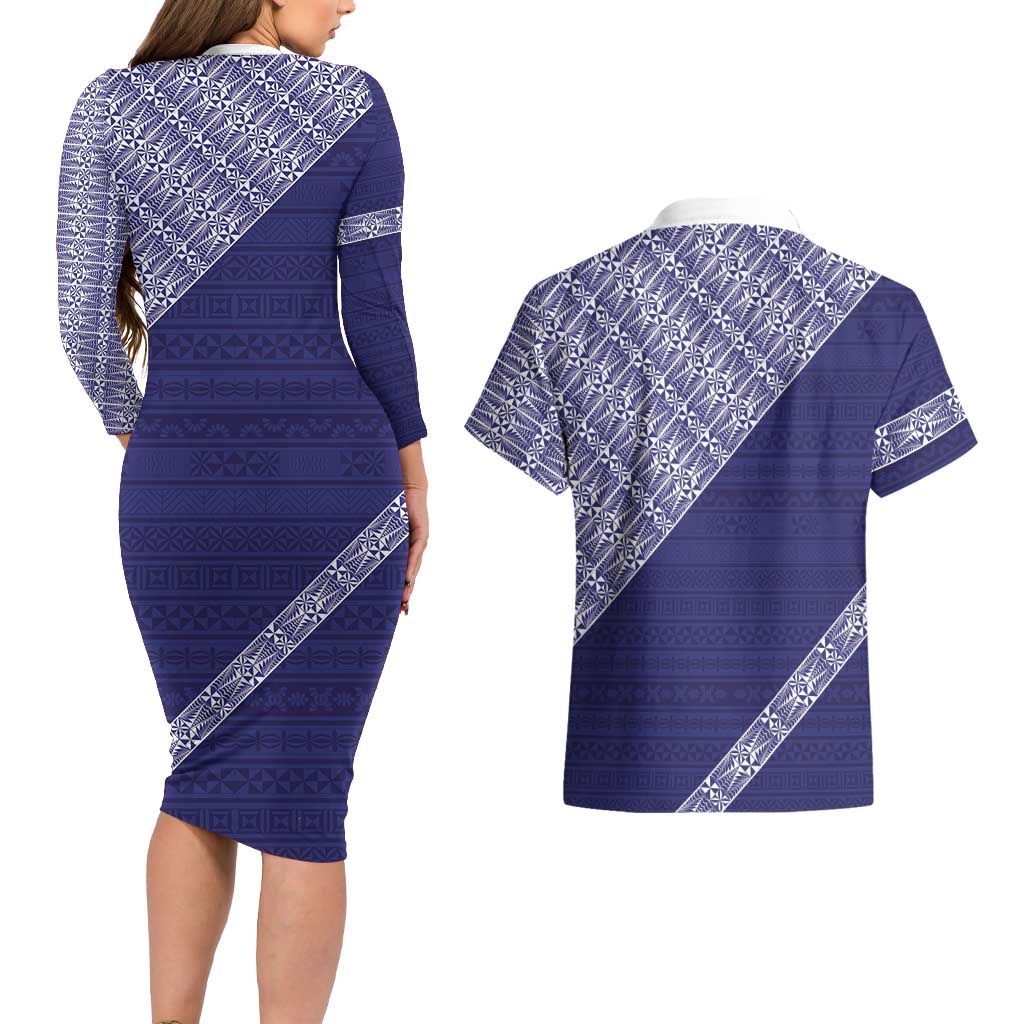 Tonga Queen Salote College Couples Matching Long Sleeve Bodycon Dress and Hawaiian Shirt 100 Years Anniversary Navy Color