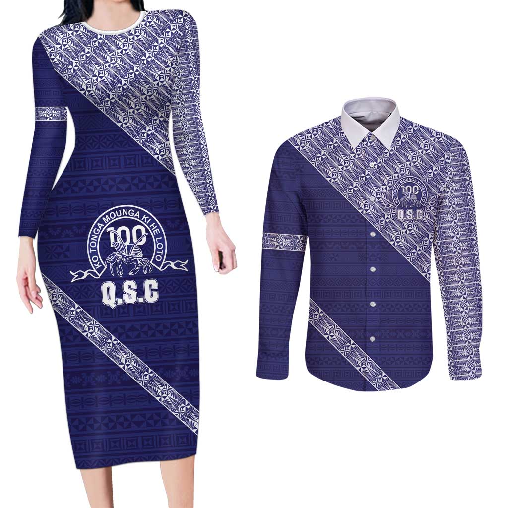 Tonga Queen Salote College Couples Matching Long Sleeve Bodycon Dress and Long Sleeve Button Shirt 100 Years Anniversary Navy Color LT05 Navy - Polynesian Pride