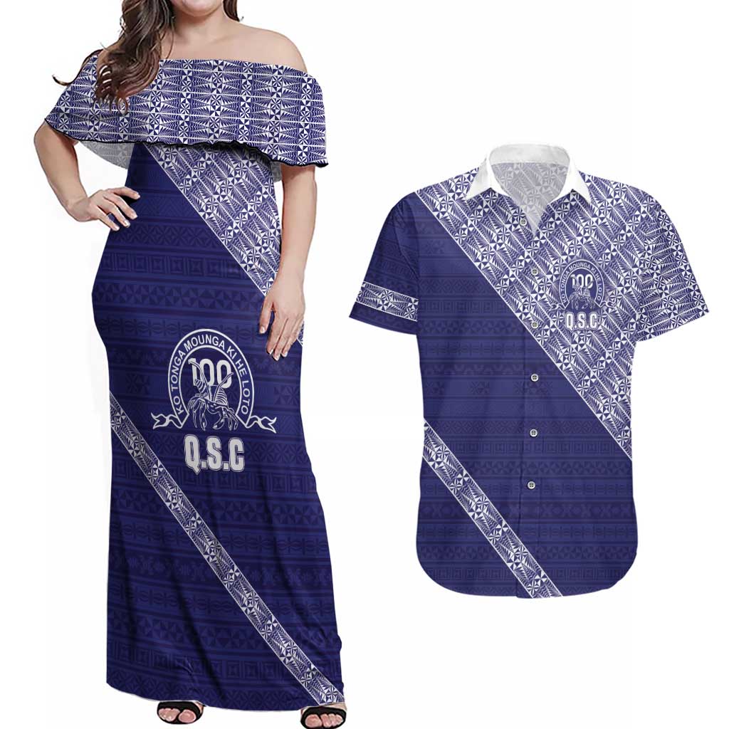 Tonga Queen Salote College Couples Matching Off Shoulder Maxi Dress and Hawaiian Shirt 100 Years Anniversary Navy Color LT05 Navy - Polynesian Pride