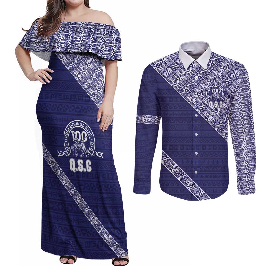 Tonga Queen Salote College Couples Matching Off Shoulder Maxi Dress and Long Sleeve Button Shirt 100 Years Anniversary Navy Color LT05 Navy - Polynesian Pride