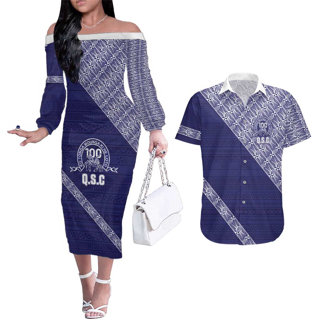 Tonga Queen Salote College Couples Matching Off The Shoulder Long Sleeve Dress and Hawaiian Shirt 100 Years Anniversary Navy Color LT05 Navy - Polynesian Pride