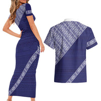 Tonga Queen Salote College Couples Matching Short Sleeve Bodycon Dress and Hawaiian Shirt 100 Years Anniversary Navy Color