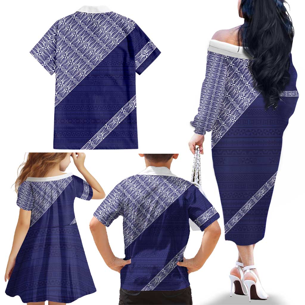 Tonga Queen Salote College Family Matching Off The Shoulder Long Sleeve Dress and Hawaiian Shirt 100 Years Anniversary Navy Color