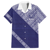 Tonga Queen Salote College Family Matching Off Shoulder Short Dress and Hawaiian Shirt 100 Years Anniversary Navy Color