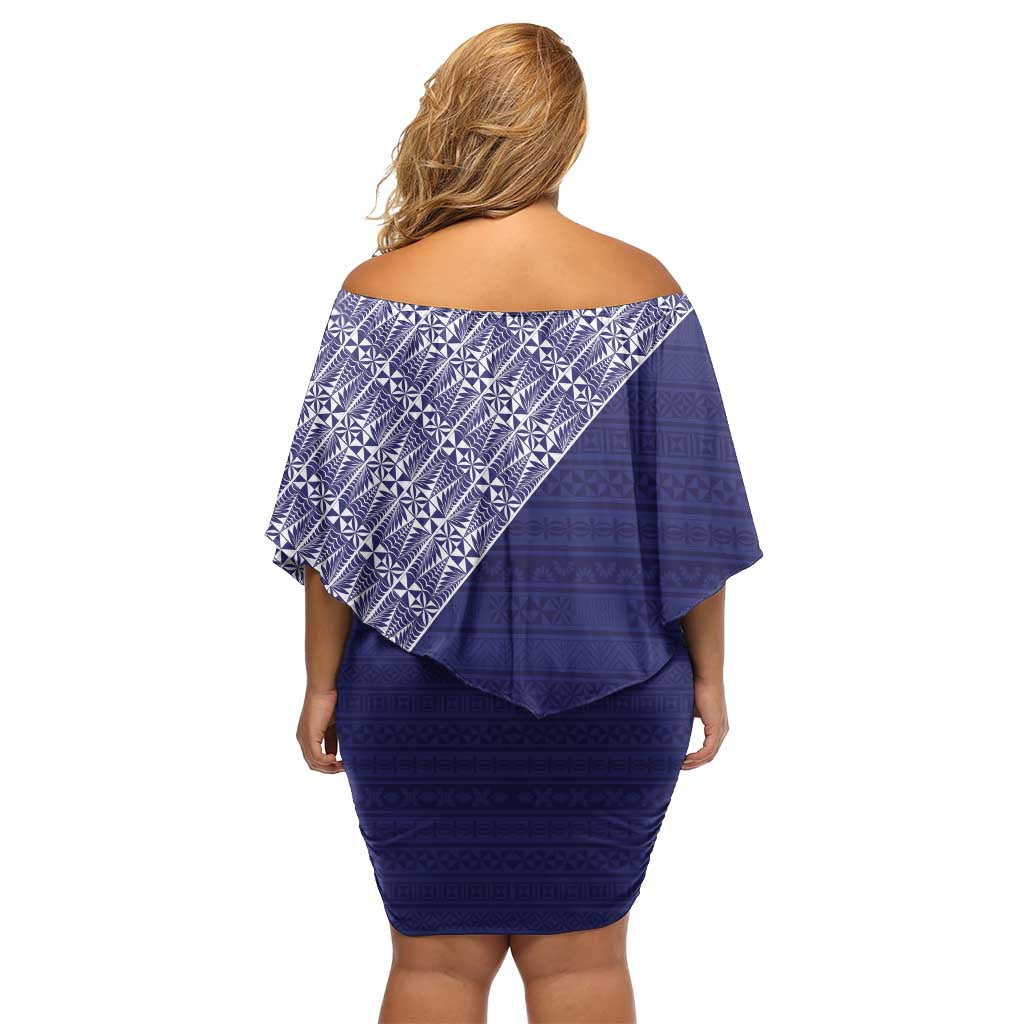 Tonga Queen Salote College Family Matching Off Shoulder Short Dress and Hawaiian Shirt 100 Years Anniversary Navy Color