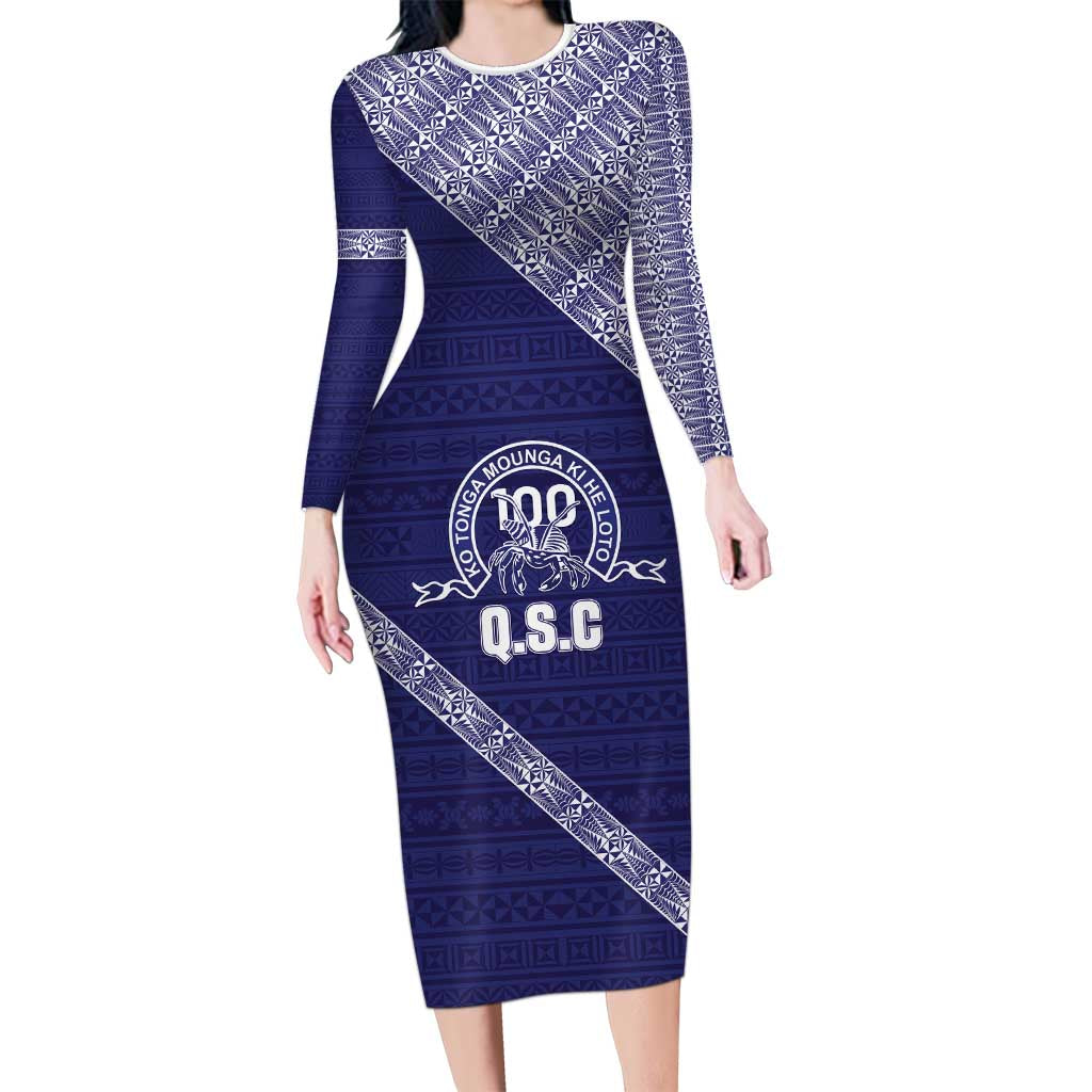 Tonga Queen Salote College Long Sleeve Bodycon Dress 100 Years Anniversary Navy Color LT05 Long Dress Navy - Polynesian Pride