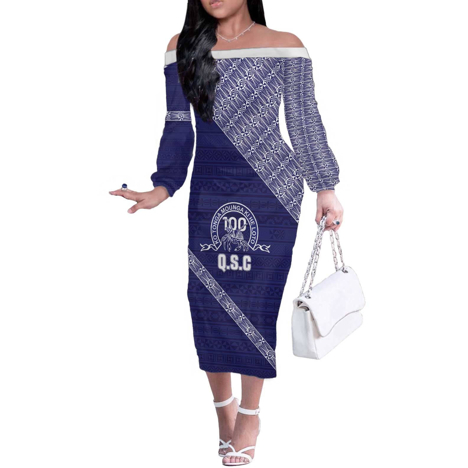 Tonga Queen Salote College Off The Shoulder Long Sleeve Dress 100 Years Anniversary Navy Color