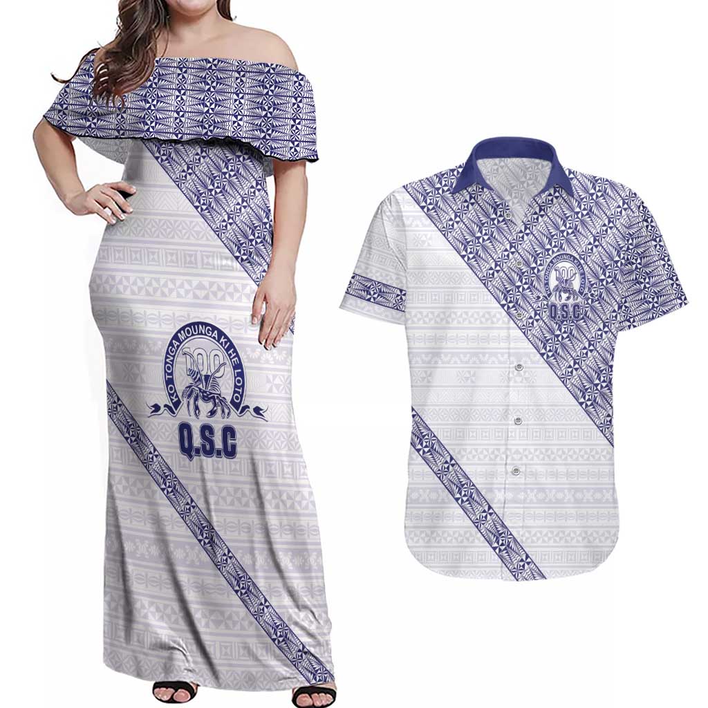 Tonga Queen Salote College Couples Matching Off Shoulder Maxi Dress and Hawaiian Shirt 100 Years Anniversary White Color LT05 White - Polynesian Pride
