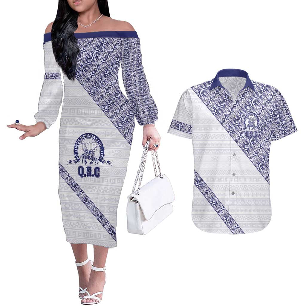 Tonga Queen Salote College Couples Matching Off The Shoulder Long Sleeve Dress and Hawaiian Shirt 100 Years Anniversary White Color LT05 White - Polynesian Pride