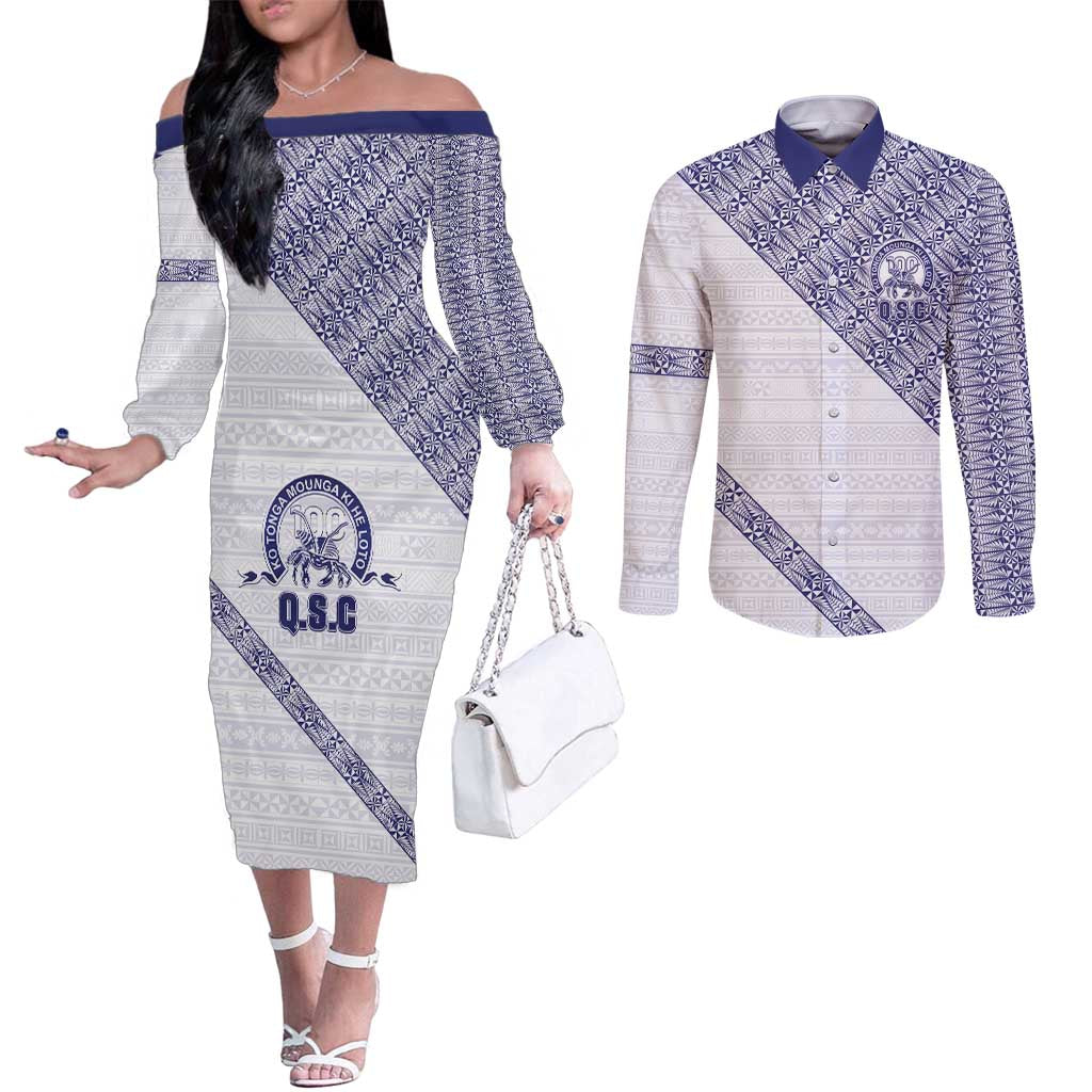 Tonga Queen Salote College Couples Matching Off The Shoulder Long Sleeve Dress and Long Sleeve Button Shirt 100 Years Anniversary White Color LT05 White - Polynesian Pride