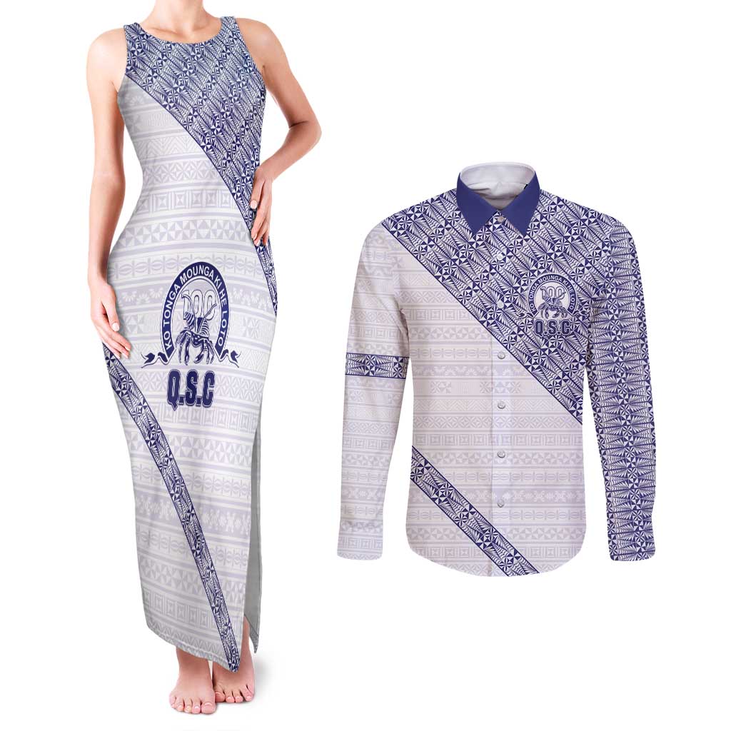Tonga Queen Salote College Couples Matching Tank Maxi Dress and Long Sleeve Button Shirt 100 Years Anniversary White Color LT05 White - Polynesian Pride