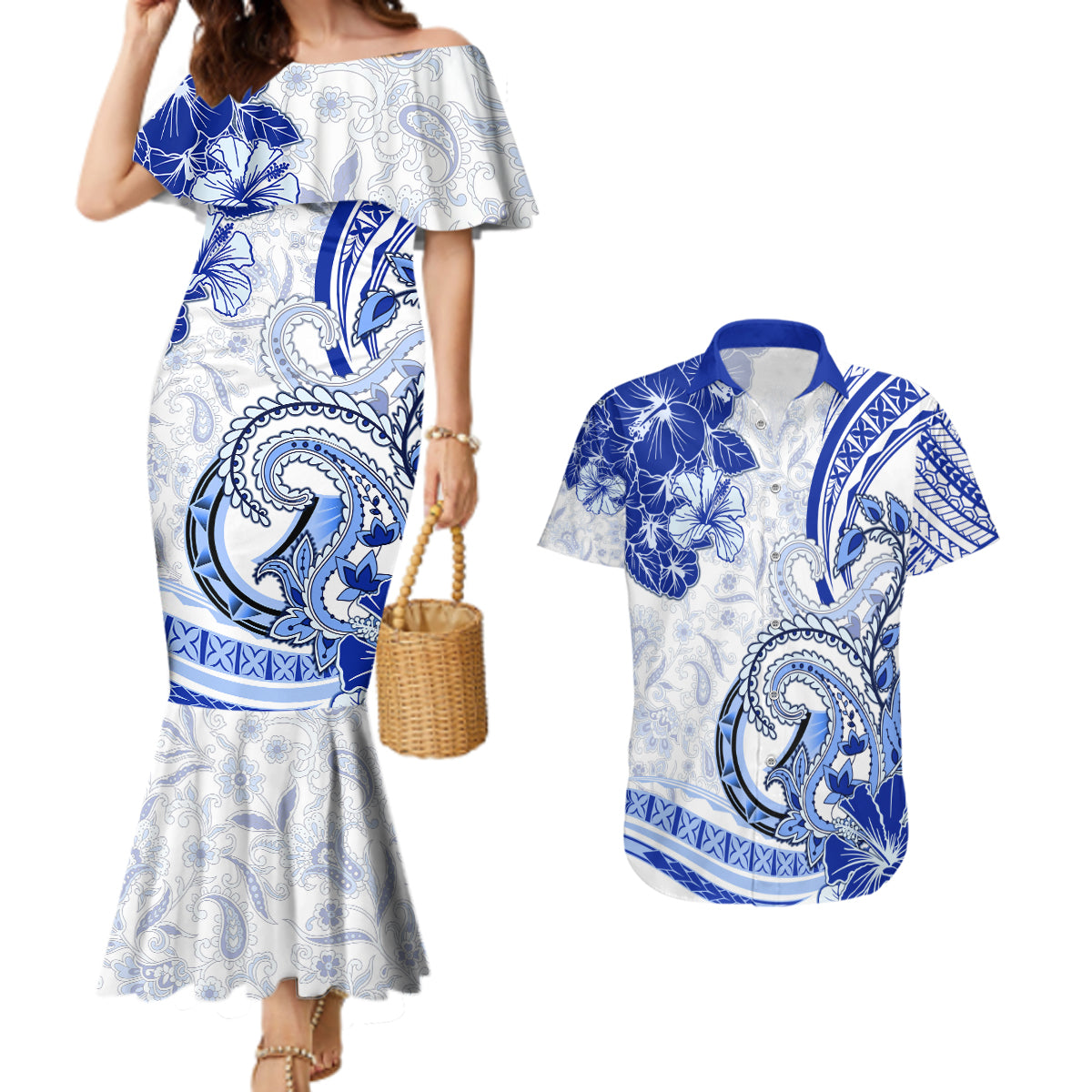 Polynesia Paisley Couples Matching Mermaid Dress and Hawaiian Shirt Mix Navy Polynesian Pattern LT05 Navy - Polynesian Pride