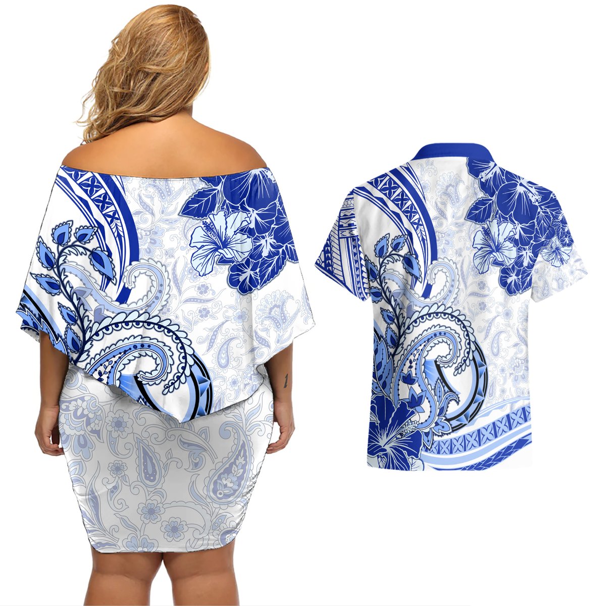 Polynesia Paisley Couples Matching Off Shoulder Short Dress and Hawaiian Shirt Mix Navy Polynesian Pattern LT05 - Polynesian Pride